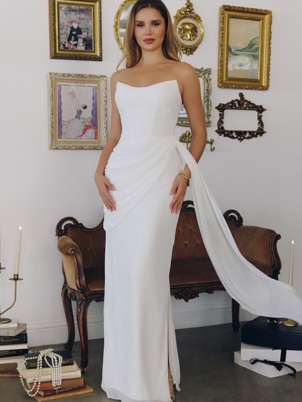Elegant White Strapless Evening Gown